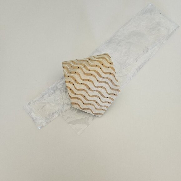 Sazzari Tie Gold White Waves Embroidery Grey Dots 100% SIlk L 56.5 in W 3.75 in - Picture 13 of 13